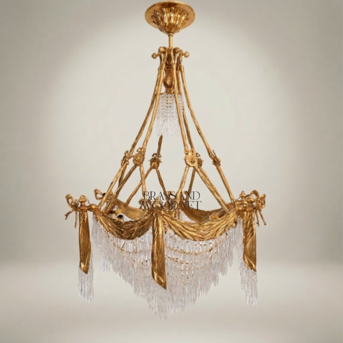 Empire Neoclassical Brass Crystal Chandelier Draped Swag Icicle Drops Brass and Wood Gold Front | Brass & Wood