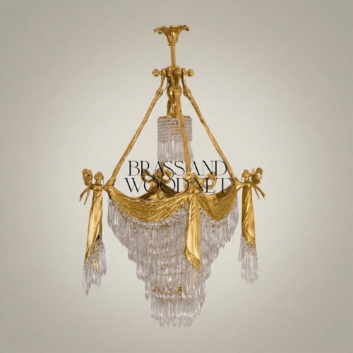 Empire Neoclassical Brass Crystal Tiered Chandelier with Draped Swag and Bow Mounts Gold Front | Brass & Wood