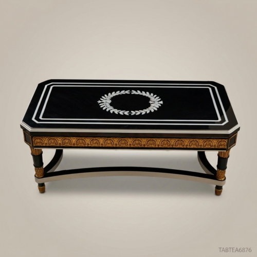 Empire Neoclassical Coffee Table Black Lacquer Gold Leaf Silver Laurel Wreath Carved Wood Brass and Wood Front View | Brass & Wood