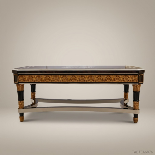 Empire Neoclassical Coffee Table Black Lacquer Gold Leaf Silver Laurel Wreath Carved Wood Brass and Wood Front View | Brass & Wood