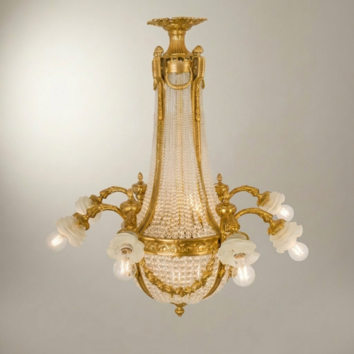 Empire Neoclassical Brass Crystal Basket Chandelier with Beaded Drapes and Eight Arms Gold Front | Brass & Wood