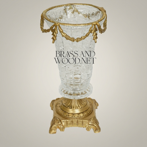Empire Neoclassical Cut-Crystal Vase Ornate Brass Pedestal Swag Rim Brass and Wood Antique Gold Front | Brass & Wood