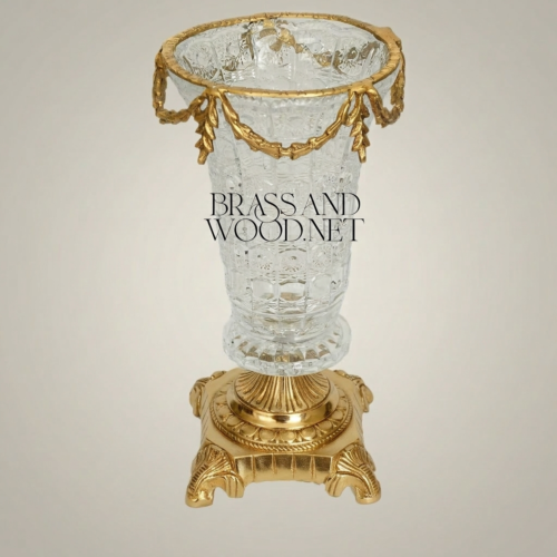 Empire Neoclassical Cut-Crystal Vase Ornate Brass Pedestal Swag Rim Brass and Wood Gold Front | Brass & Wood