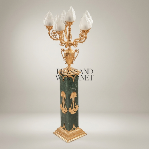 Empire Neoclassical Five-Arm Candelabra Floor Lamp Green Marble Column Ormolu Brass Flame Shades Brass and Wood Gold Front | Brass & Wood