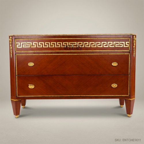 Empire Neoclassical Mahogany Two-Drawer Commode Greek Key Brass Frieze Brown Marble Top Gilt Mounts Brass and Wood Front View | Brass & Wood