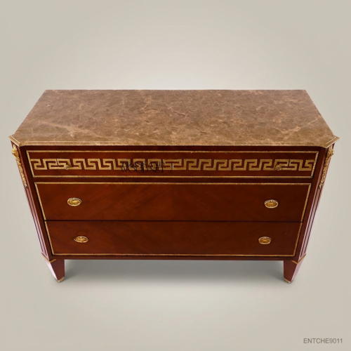 Empire Neoclassical Mahogany Two-Drawer Commode Greek Key Brass Frieze Brown Marble Top Gilt Mounts Brass and Wood Front View | Brass & Wood