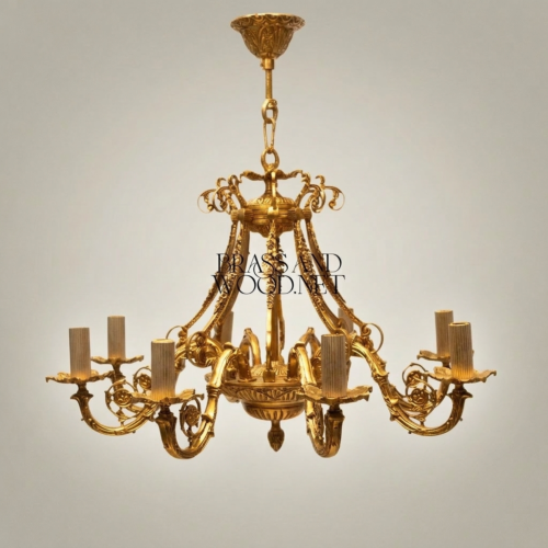 Empire Neoclassical Solid Brass 8-Arm Chandelier Scroll Arms Acanthus Crown Candle Sleeves Gold Front | Brass & Wood