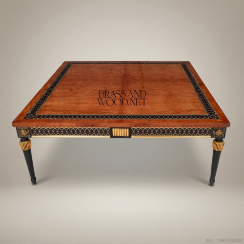 Empire Neoclassical Tea Table Amboyna Burl Ebonised Gold Leaf Brass Inlay Gilded Reeded Legs Brass and Wood Front View | Brass & Wood