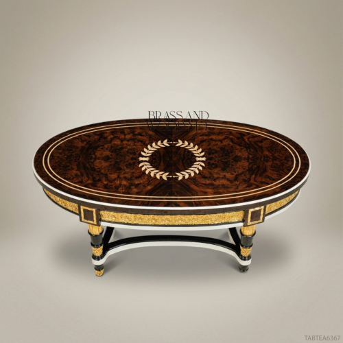 Empire Oval Coffee Table Burl Walnut Marquetry Ivory Laurel Gilt Ormolu Ebonised Legs Brass & Wood Front View | Brass & Wood