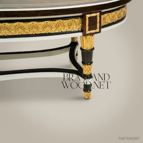 Empire Oval Coffee Table Burl Walnut Marquetry Ivory Laurel Gilt Ormolu Ebonised Legs Brass & Wood Front View | Brass & Wood