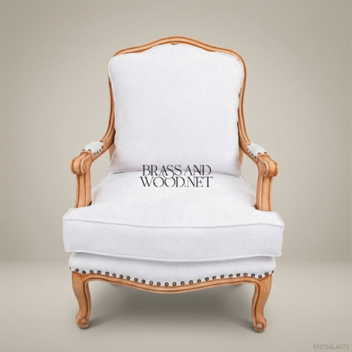 Louis XV Cane Back Linen Armchair by Brass & Wood