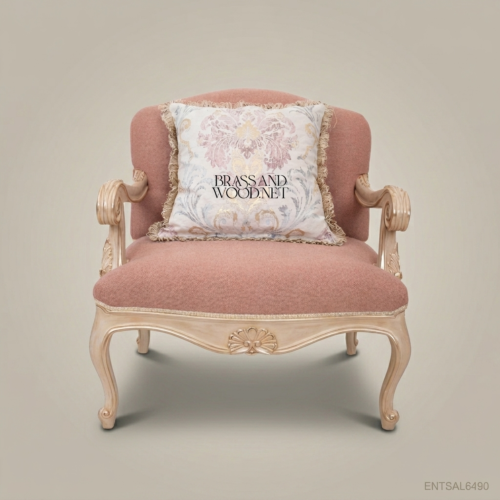 Louis XV Salon Armchair with Button-Tufted Back & Carved Ivory Frame Front | Brass & Wood