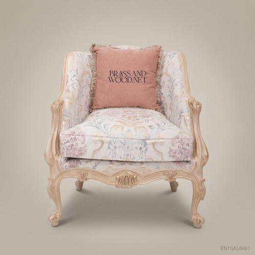 Louis XV Salon Armchair with Floral Damask Upholstery Front | Brass & Wood
