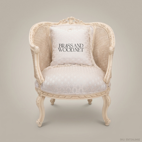 Louis XV Bergère Salon Chair with Cane Panels & Ivory Lacquer Frame Front | Brass & Wood