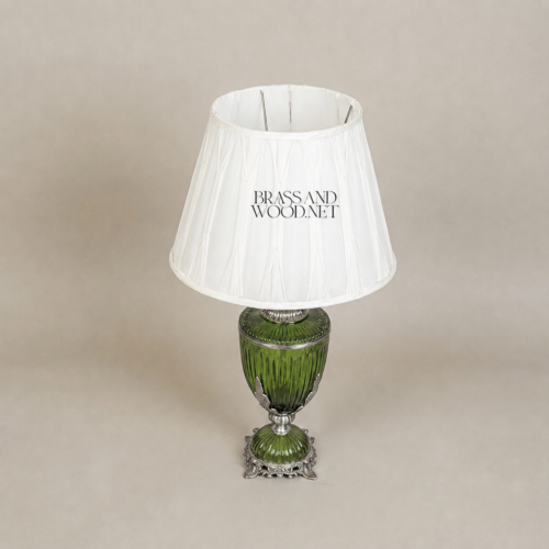 Classical Ribbed Green Glass Urn Table Lamp Ornate Brass Acanthus Base White Fabric Shade Brass and Wood Silver Front | Brass & Wood