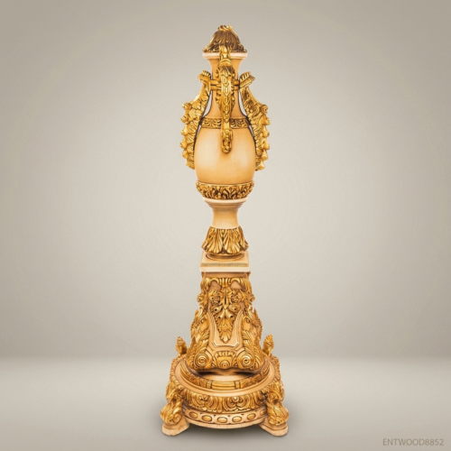 French Baroque Carved Urn Pedestal Column Acanthus Scroll Antique Gold Handcrafted Stand Brass and Wood Front View | Brass & Wood