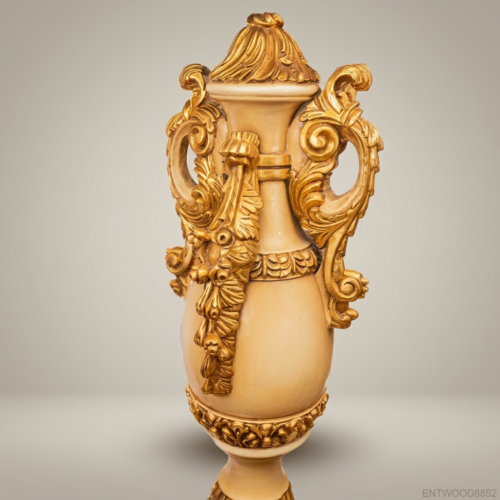 French Baroque Carved Urn Pedestal Column Acanthus Scroll Antique Gold Handcrafted Stand Brass and Wood Front View | Brass & Wood