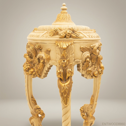 French Baroque Heavily Carved Ivory Wood Pedestal Stand Eagle Head Acanthus Gold Highlights Brass and Wood Front View | Brass & Wood