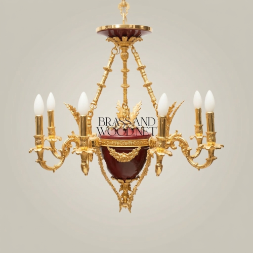 French Empire Six-Arm Chandelier Wine Ceramic Bowl Acanthus Brass Mounts Candle Lights Brass and Wood Gold Front | Brass & Wood