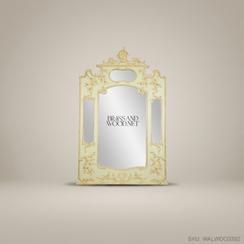 French Rococo Painted Wall Mirror Sage Green Antique Gold Carved Floral Scroll Frame Brass and Wood Front View | Brass & Wood