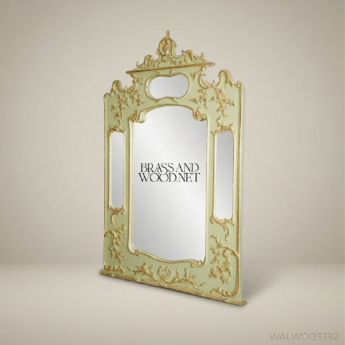 French Rococo Painted Wall Mirror Sage Green Antique Gold Carved Floral Scroll Frame Brass and Wood Front View | Brass & Wood