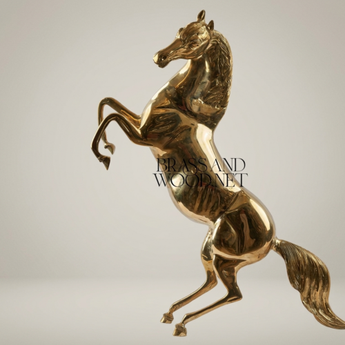Handcrafted Polished Brass Rearing Horse Sculpture Equestrian Figurine Brass and Wood Gold Front | Brass & Wood