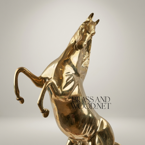 Handcrafted Polished Brass Rearing Horse Sculpture Equestrian Figurine Brass and Wood Gold Front | Brass & Wood
