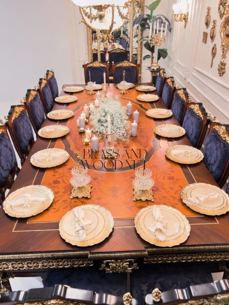 Empire Gilt Dining Suite with Marquetry Buffet & Damask Chairs 01