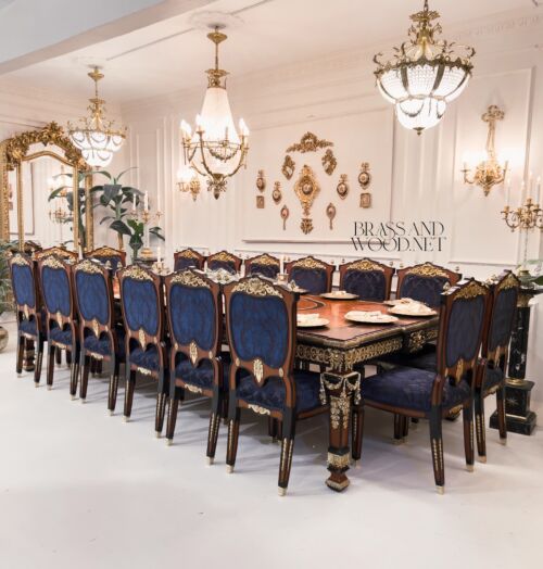 Empire Gilt Dining Suite with Marquetry Buffet & Damask Chairs 01