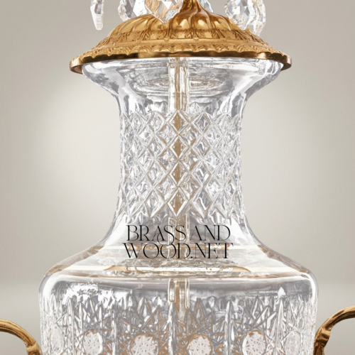 Classical Cut-Crystal Urn Table Lamp Ornate Brass Foliage Base Ivory Fabric Shade Brass and Wood Antique Gold Front | Brass & Wood