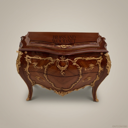 Louis XV Bombé Commode Kingwood Veneer Antique Brass Ormolu Mounts Cabriole Legs Brass & Wood Front View | Brass & Wood