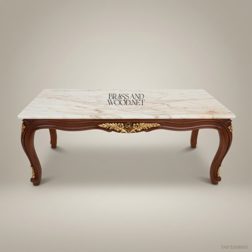 Louis XV Rococo Coffee Table Carved Walnut Cabriole Legs Gilded Brass Floral Carvings White Marble Top Brass & Wood Front View | Brass & Wood
