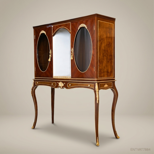 Louis XV Rococo Mahogany Display Vitrine Gilded Brass Oval Glass Cabriole Legs Brass and Wood Front View | Brass & Wood