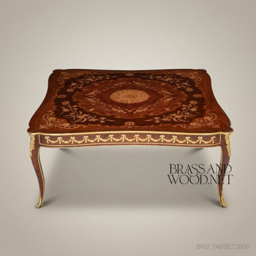 Louis XV Rococo Marquetry Centre Table Gilt Bronze Ormolu Mounts Cabriole Legs Solid Wood Brass & Wood Front View | Brass & Wood