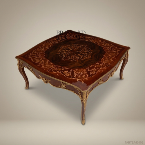 Louis XV Rococo Walnut Marquetry Coffee Table Gilt Bronze Ormolu Cabriole Legs Brass & Wood Front View | Brass & Wood