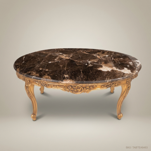 Louis XV Oval Coffee Table Dark Emperador Marble Gold Leaf Hand-Carved Solid Wood Rococo Brass and Wood Front View | Brass & Wood