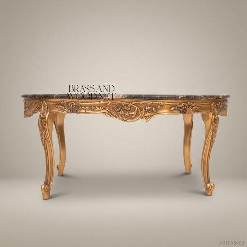 Louis XV Oval Coffee Table Dark Emperador Marble Gold Leaf Hand-Carved Solid Wood Rococo Brass and Wood Front View | Brass & Wood