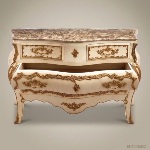 Louis XV Rococo Bombé Commode Antique White Gilt Carved Brass Accents Brown Marble Top Front View | Brass & Wood