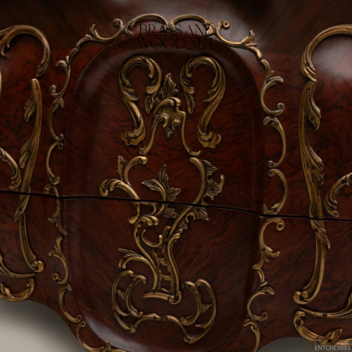 Louis XV Rococo Bombé Commode Burl Veneer Antique Gold Ormolu Mounts Off-White Marble Top Brass and Wood Front View | Brass & Wood