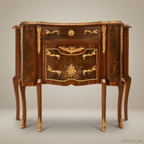 Louis XV Rococo Bombé Commode Burl Marquetry Gilt Brass Mounts Three Drawers Cream Marble Top Front View | Brass & Wood
