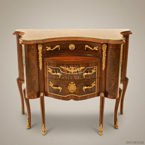 Louis XV Rococo Bombé Commode Burl Marquetry Gilt Brass Mounts Three Drawers Cream Marble Top Front View | Brass & Wood