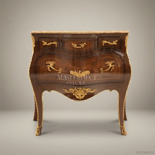 Louis XV Rococo Bombé Commode Walnut Gilt Bronze Mounts Beige Marble Top Three Drawers Front View | Brass & Wood