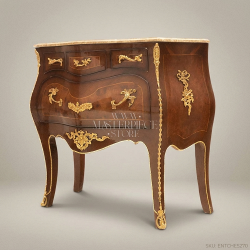 Louis XV Rococo Bombé Commode Walnut Gilt Bronze Mounts Beige Marble Top Three Drawers Front View | Brass & Wood
