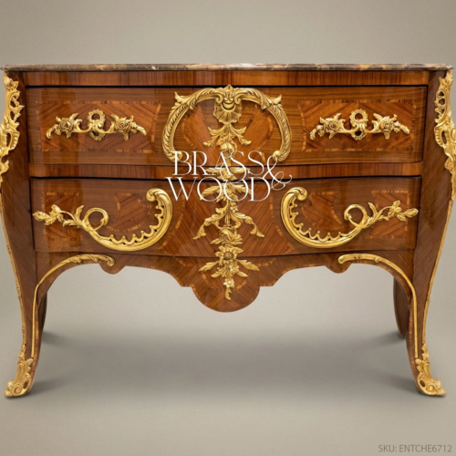 Louis XV Rococo Bombé Two-Drawer Commode Walnut Marquetry Gilt Bronze Ormolu Mounts Brown Marble Top Front View | Brass & Wood