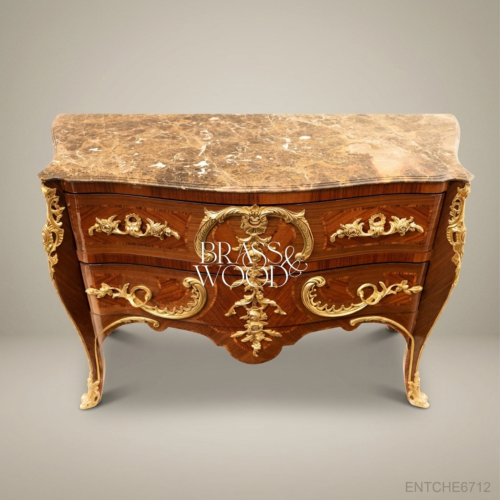 Louis XV Rococo Bombé Two-Drawer Commode Walnut Marquetry Gilt Bronze Ormolu Mounts Brown Marble Top Front View | Brass & Wood