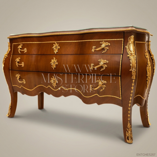 Louis XV Rococo Bombé Three-Drawer Commode Walnut Veneer Gilt Bronze Ormolu Mounts Serpentine Green Glass Top Front View | Brass & Wood