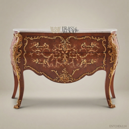 Louis XV Rococo Bombé Commode Gilt Floral Marquetry White Marble Top Two Drawers Brass Mounts Front View | Brass & Wood
