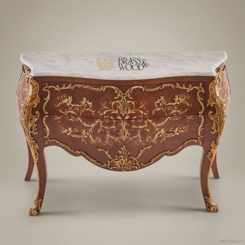 Louis XV Rococo Bombé Commode Gilt Floral Marquetry White Marble Top Two Drawers Brass Mounts Front View | Brass & Wood