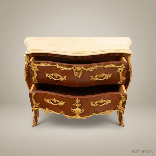 Louis XV Rococo Bombé Commode Two Drawers Gilt Ormolu Mounts Cream Marble Top Mahogany Veneer Front View | Brass & Wood