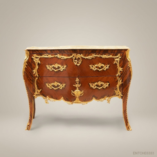 Louis XV Rococo Bombé Commode Two Drawers Gilt Ormolu Mounts Cream Marble Top Mahogany Veneer Front View | Brass & Wood